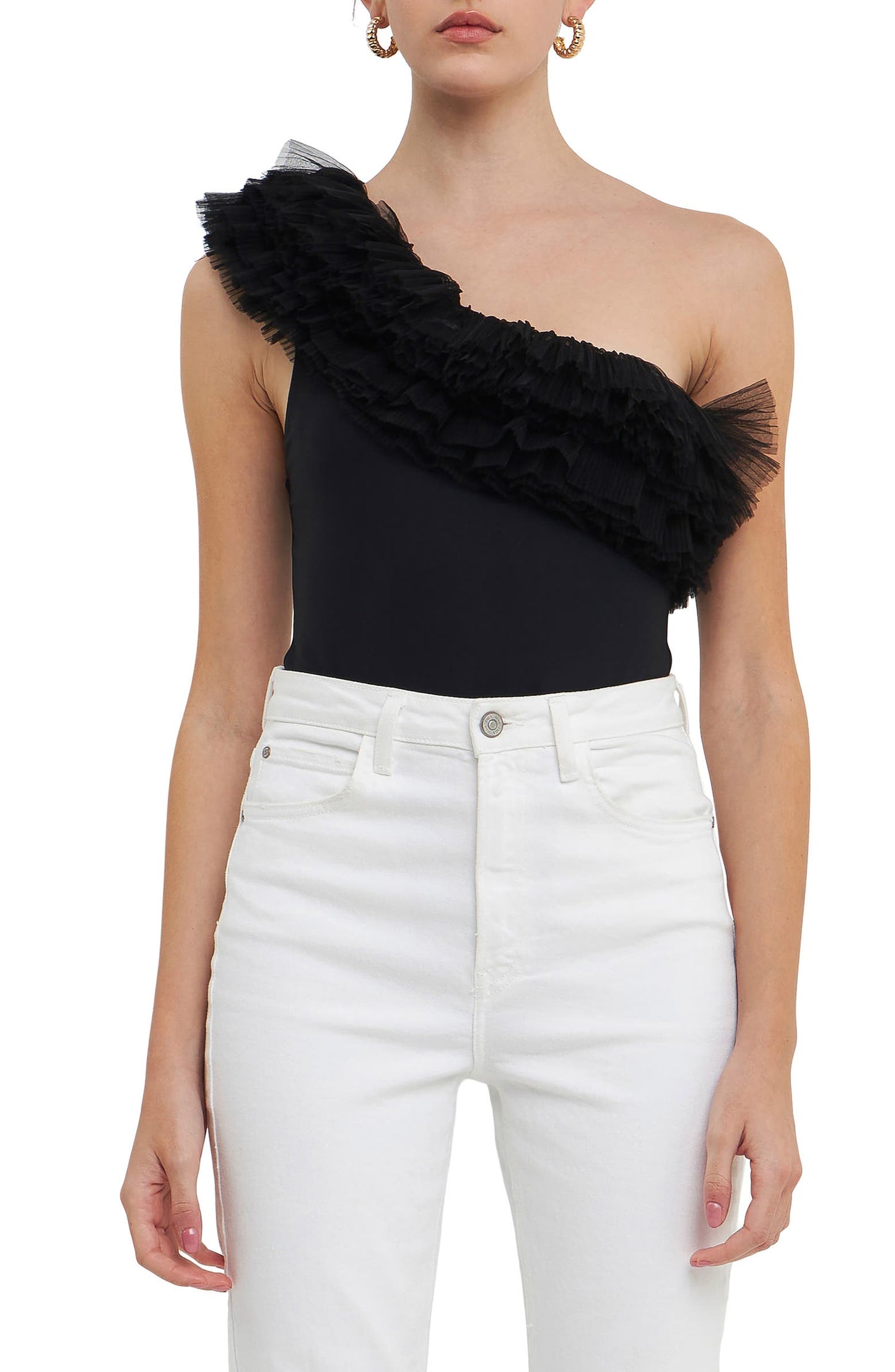 Picture of a model using the Endless Ross Tulle Ruffle One-Shoulder Bodysuit - CT Grace