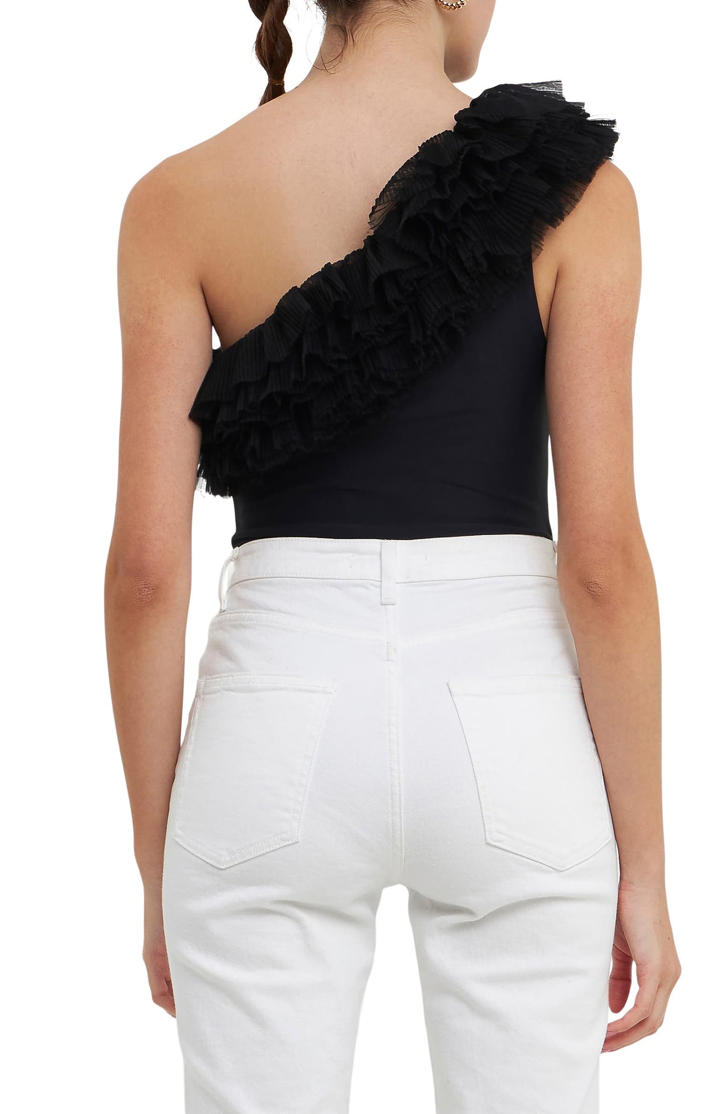 Picture of a model facing away using the Endless Ross Tulle Ruffle One-Shoulder Bodysuit - CT Grace