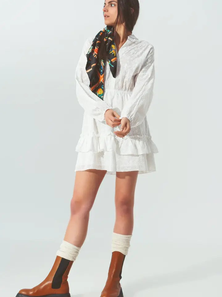 Q2 Broderie With Ruffles White Mini Dress