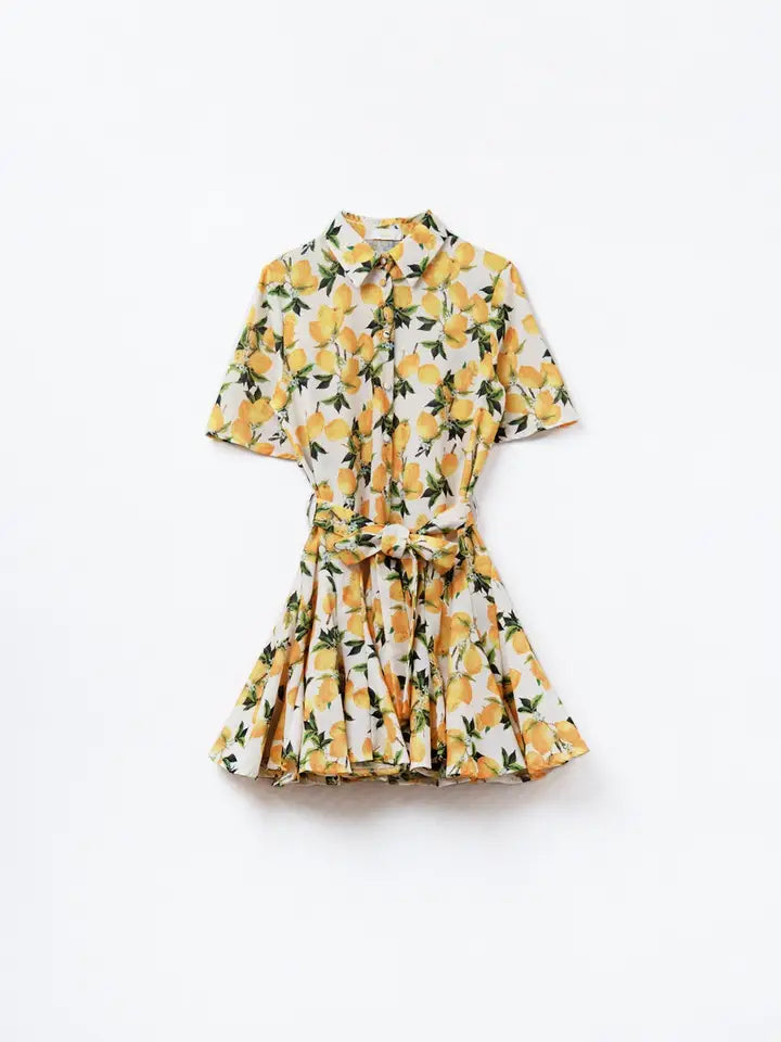 Q2 Romantic Dress with Waistband and Lemon Print and Short Sleeves