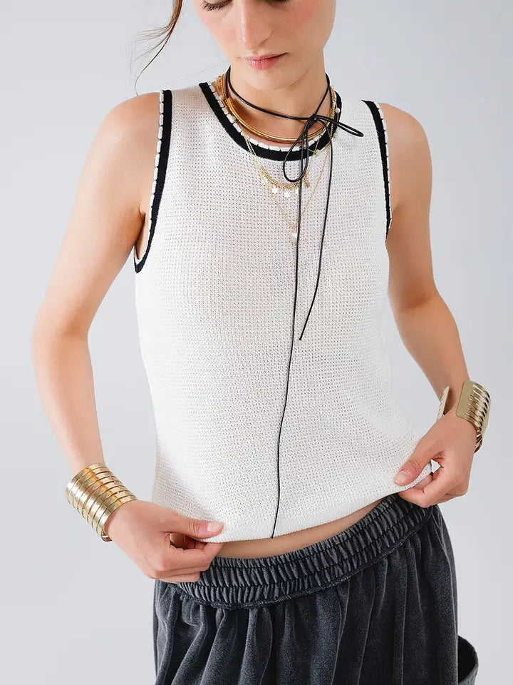 Q2 Pointelle White Sleeveless Top with Black and White Trim Detail