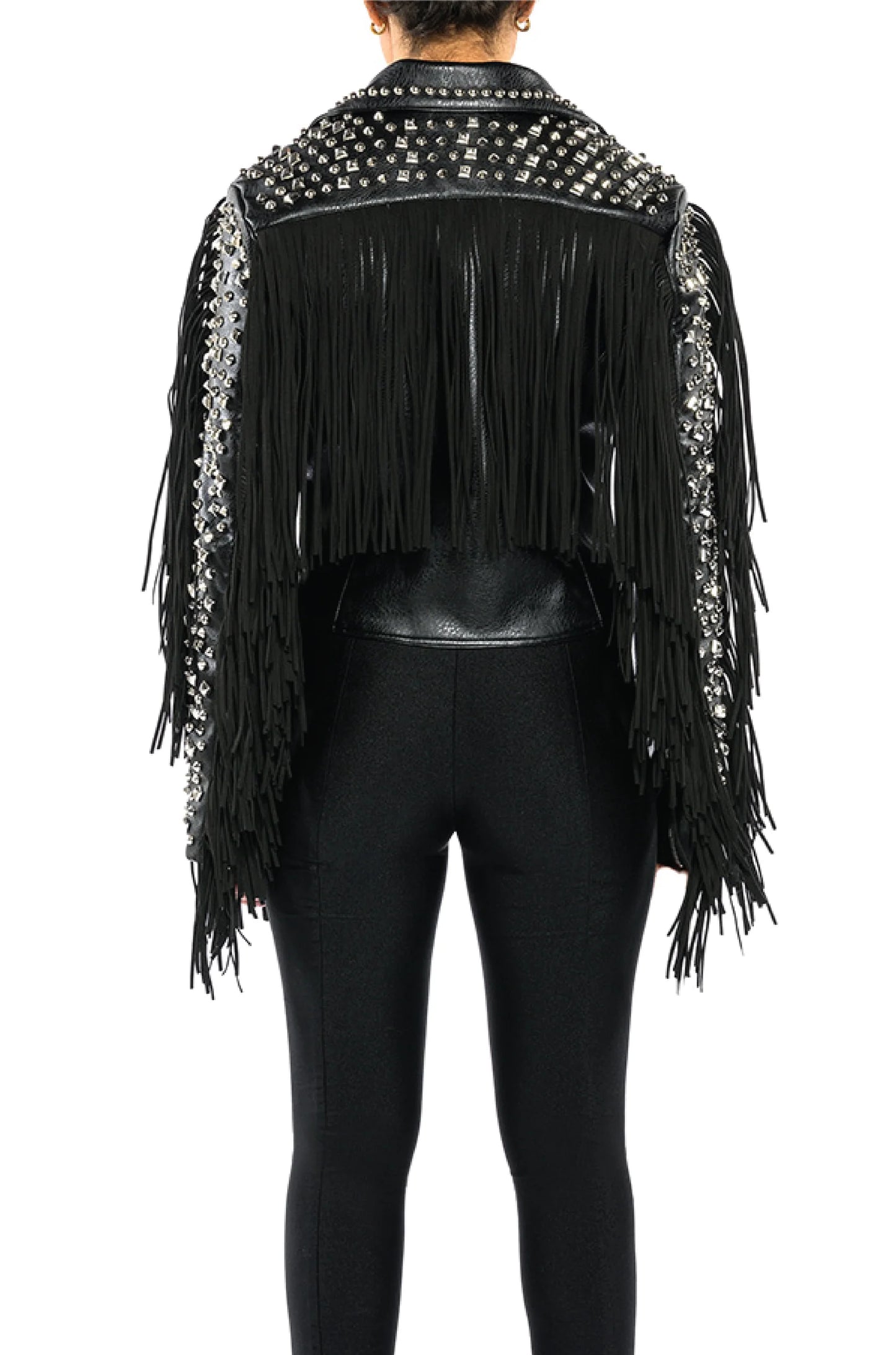 Azalea Wang Ryder Faux Leather Moto Western Jacket with Fringe & Studs