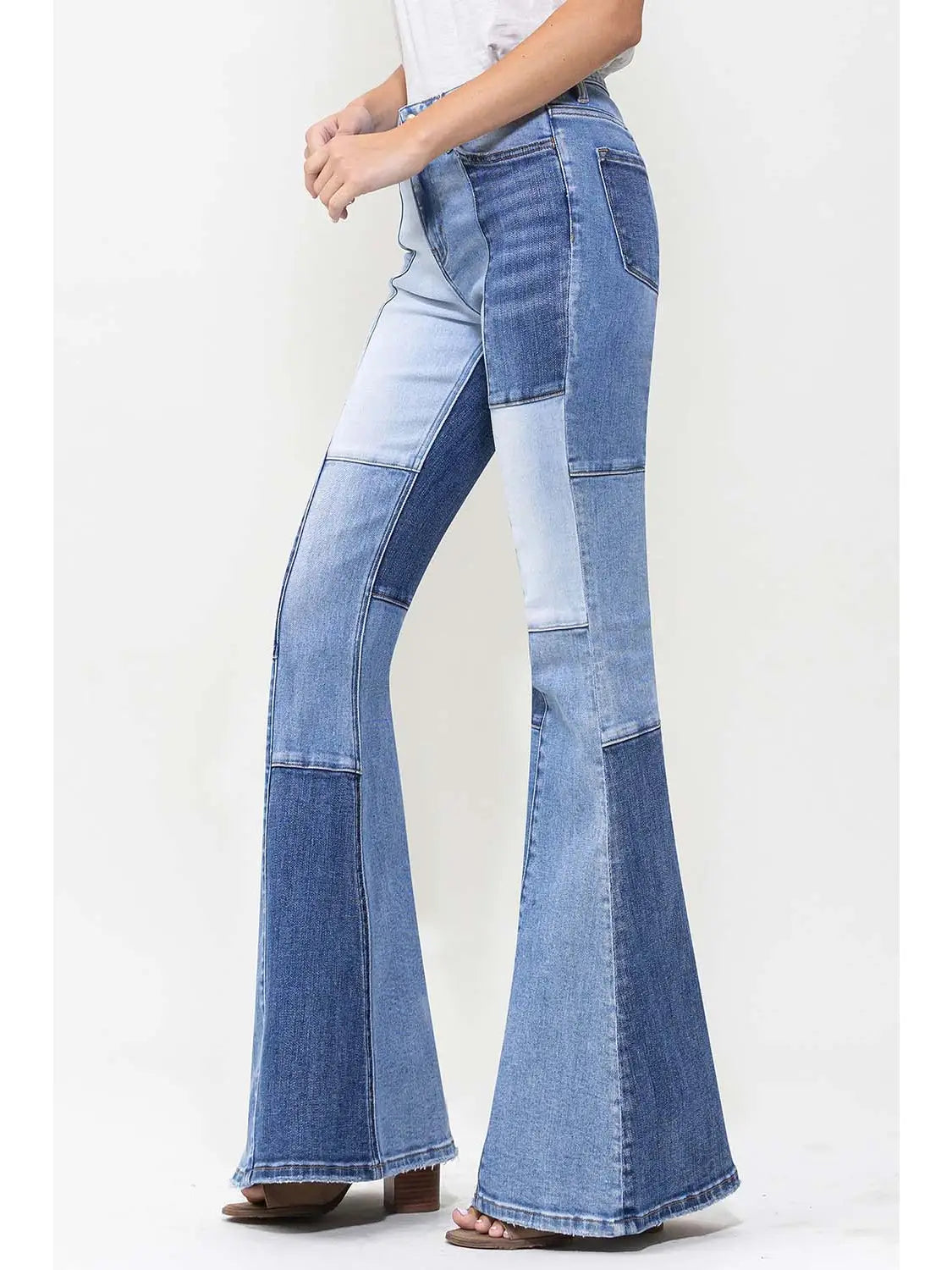Flying Monkey High Rise Color Block Patchwork Super Flare Jeans