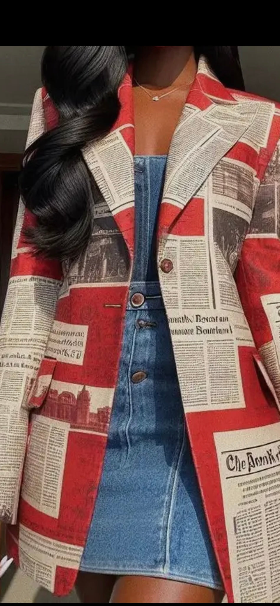 Blazer, Long sleeves loose buttoned Newspaper Print