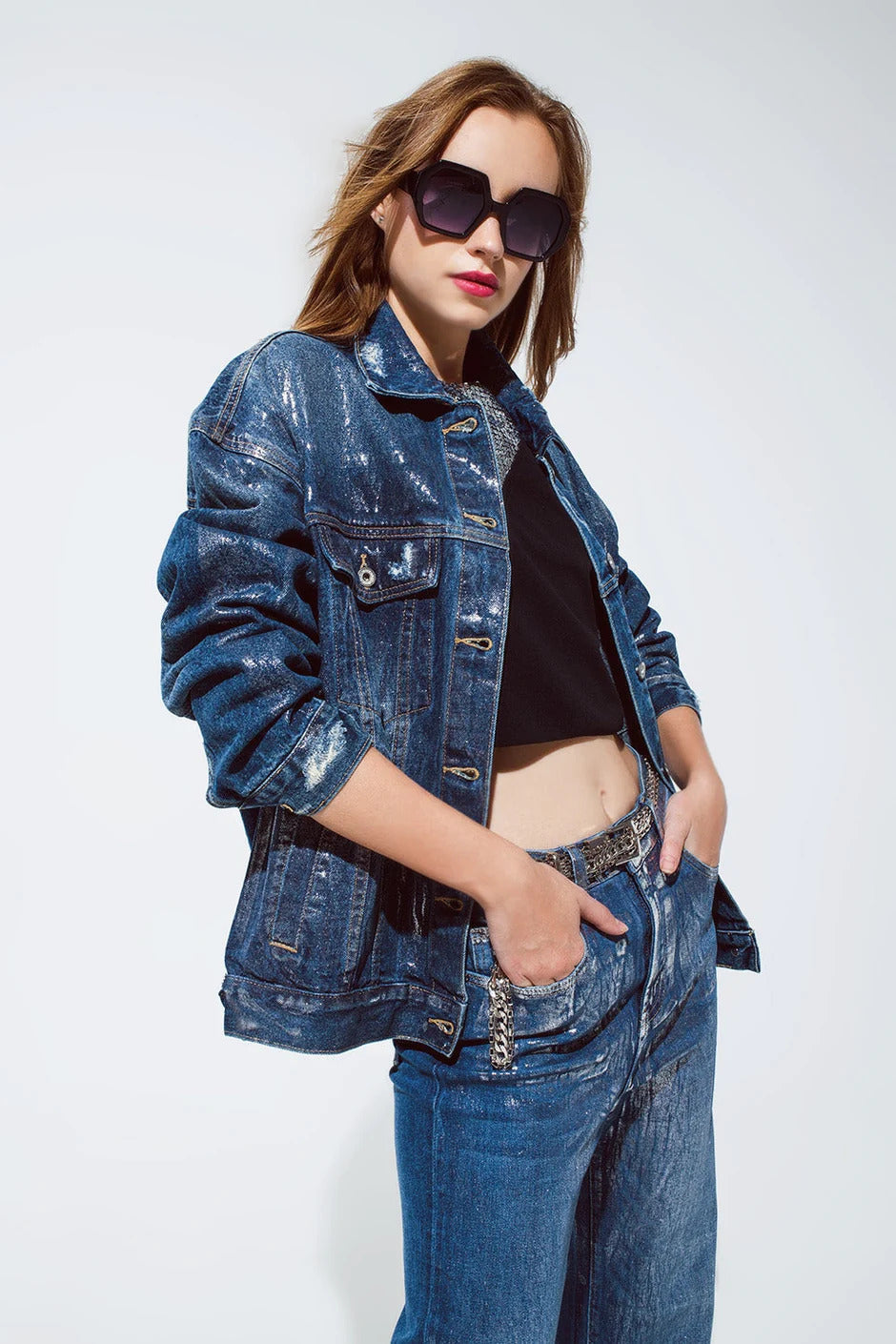 Q2 Oversized Denim Jacket With Silver Metallic Finished
