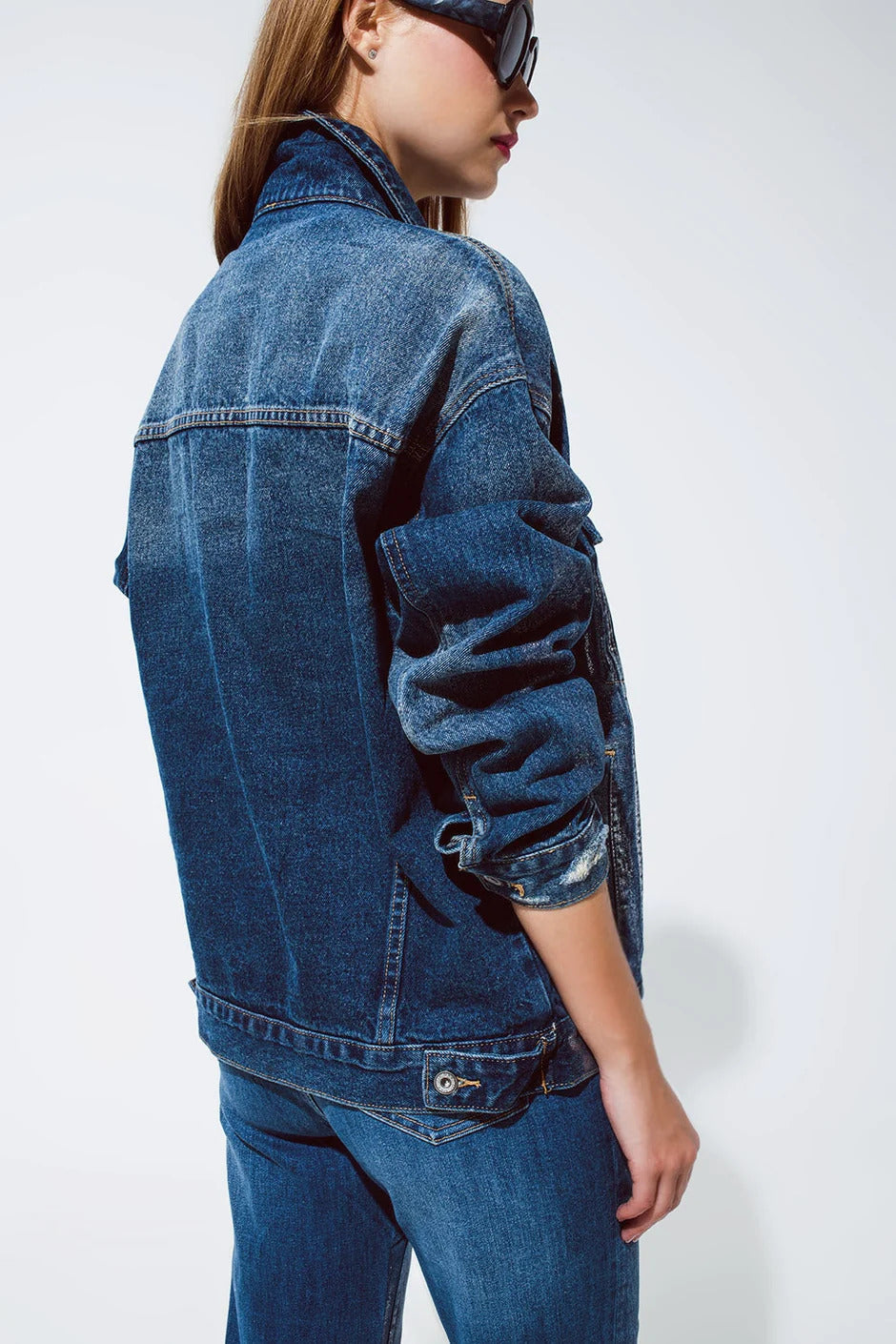 Q2 Oversized Denim Jacket With Silver Metallic Finished