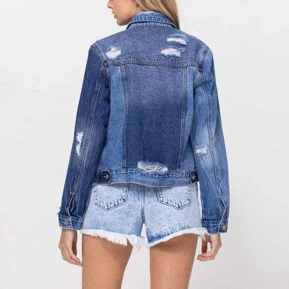 Back picture of a model using the Velvet/Flying Monkey Distressed Fit Crop Jacket - CT Grace