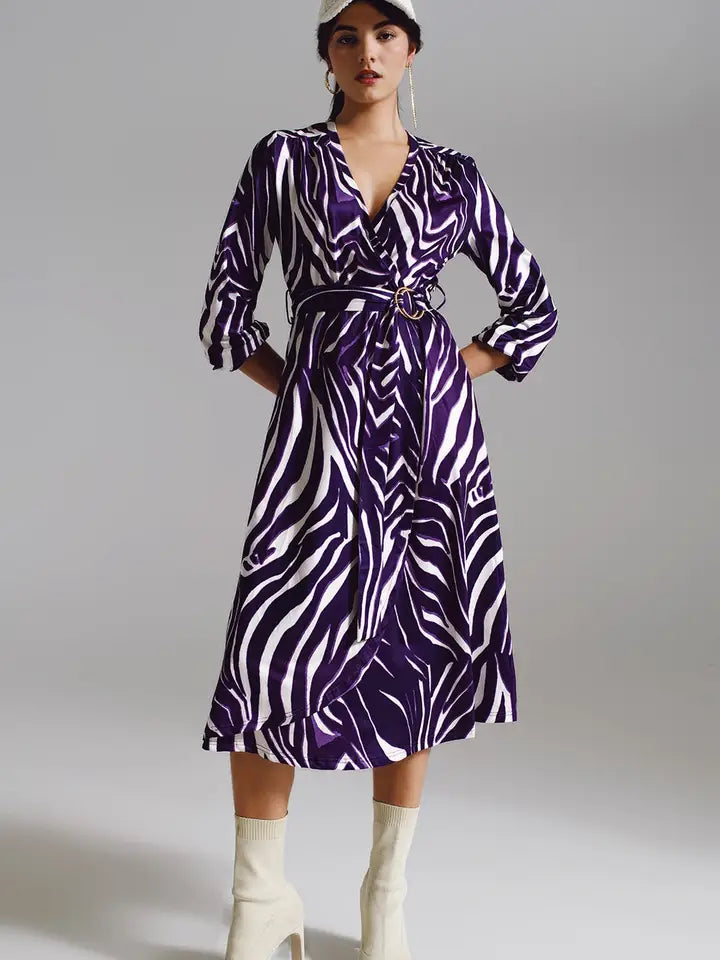 Q2 Midi Belted Wrap Dress in Purple and Cream Zebra Print