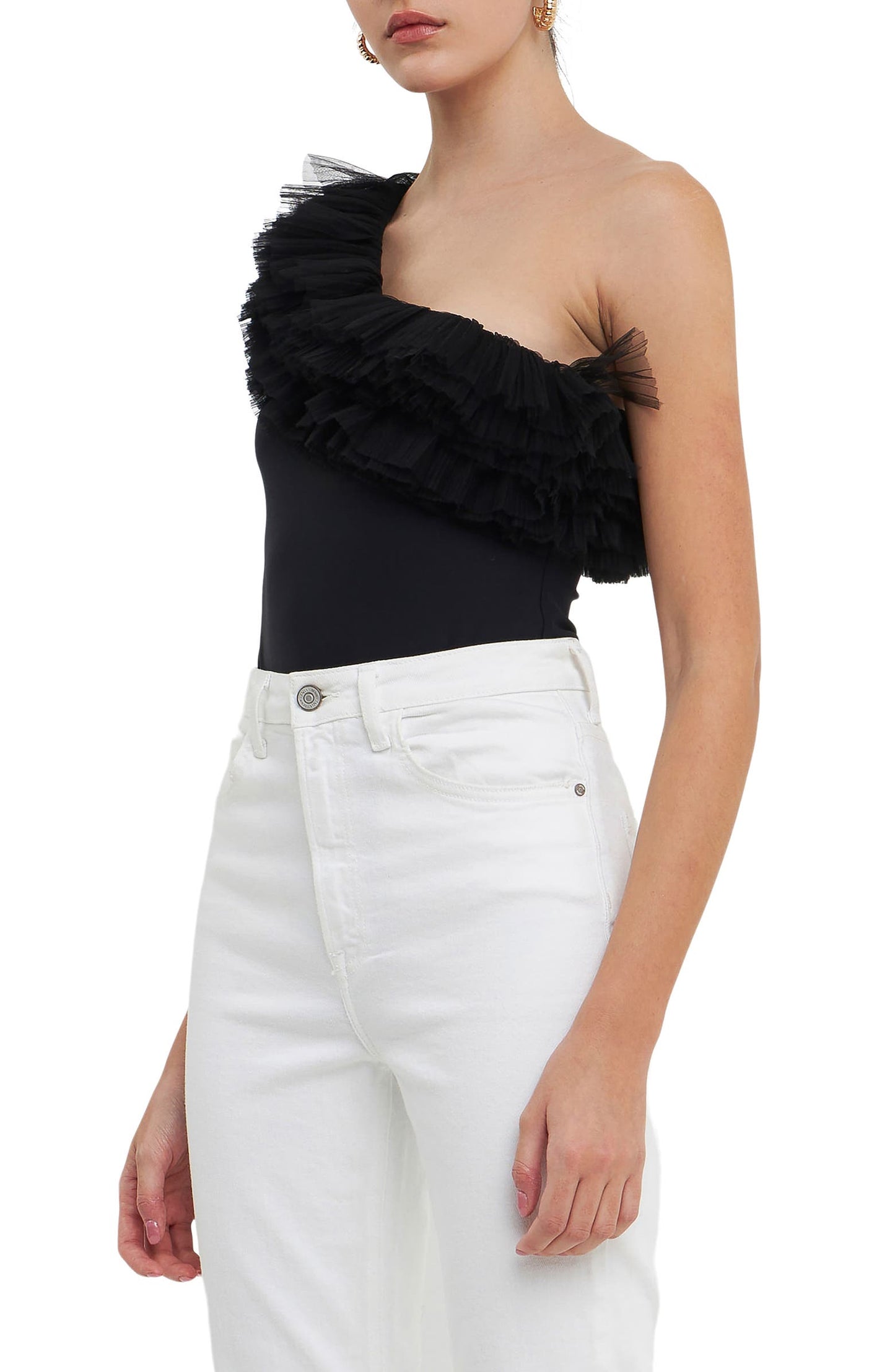 Zoom picture of a model using the Endless Ross Tulle Ruffle One-Shoulder Bodysuit - CT Grace