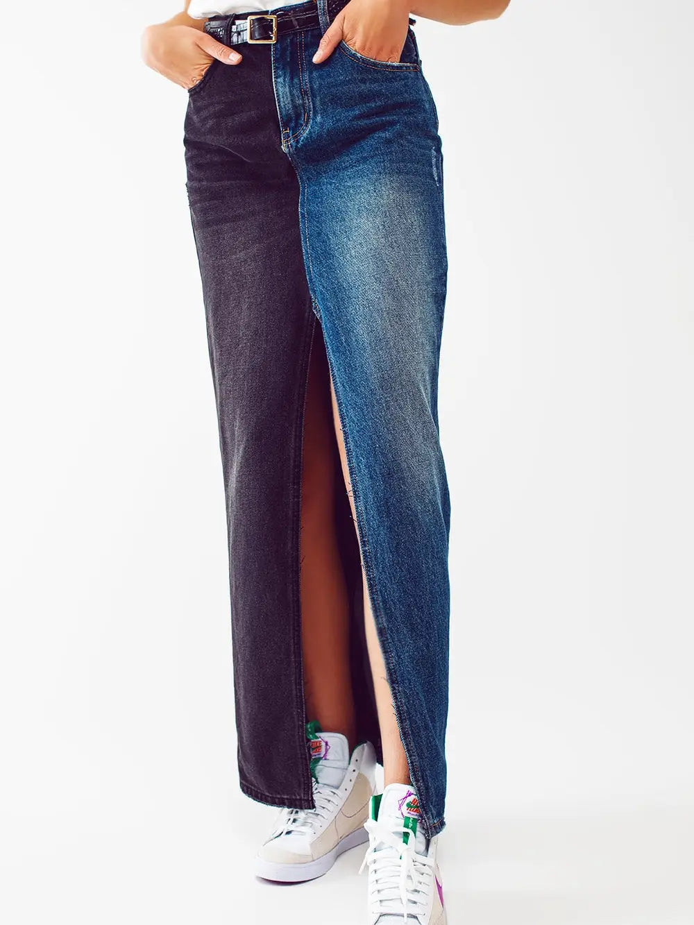 Picture of a model wearing the Q2 Blue and Black Block Denim Maxi Skirt - CT Grace