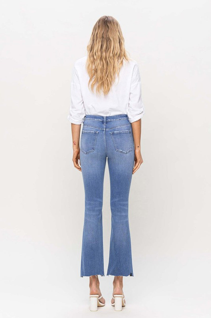 Back Picture of a model using the Flying Monkey High Rise Kick Flare with Uneven Hem - CT Grace