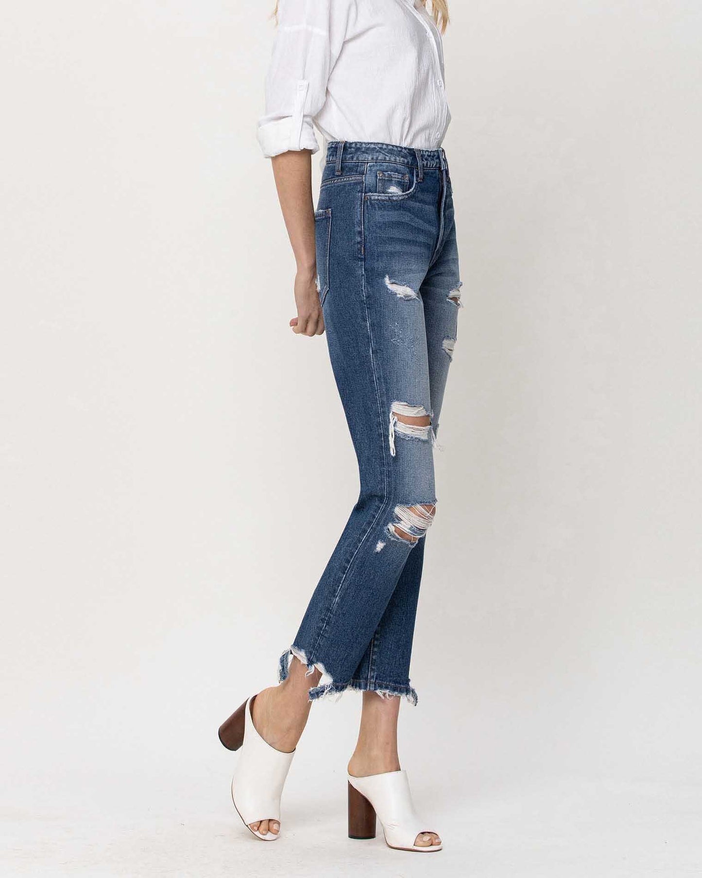 Picture of a model using the Flying Monkey Distressed Boyfriend Jean with Broken Hem - CT Grace