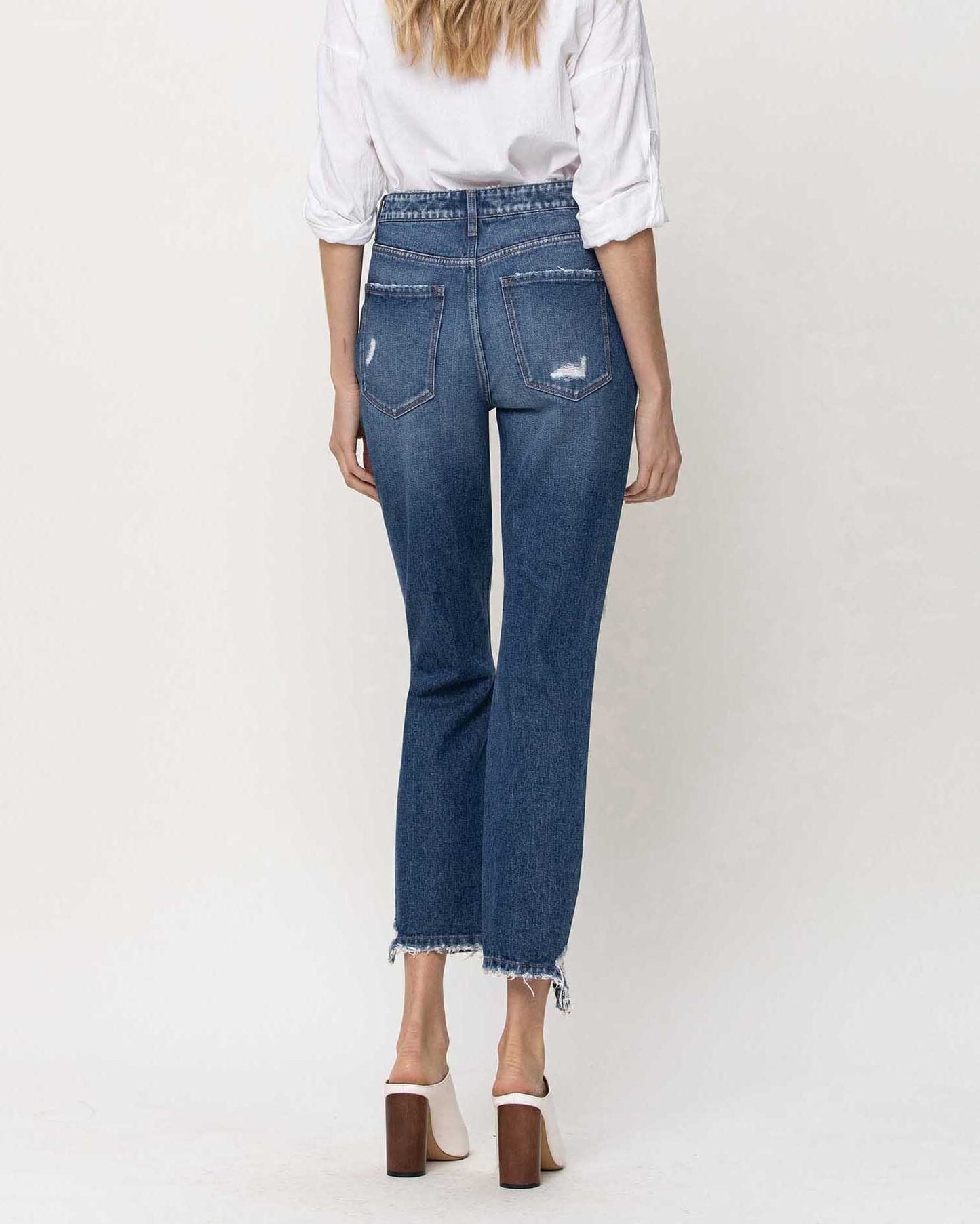 Zoom picture of a model facing away using the Flying Monkey Distressed Boyfriend Jean with Broken Hem - CT Grace