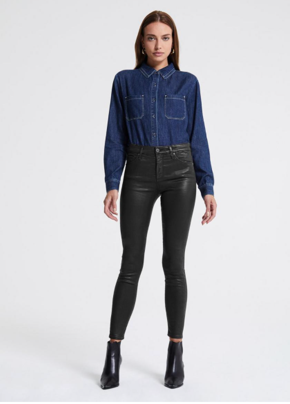 Picture of a model wearing the AG Farrah Coated Ankle Skinny Jeans - Luminous gunmetal - CT Grace