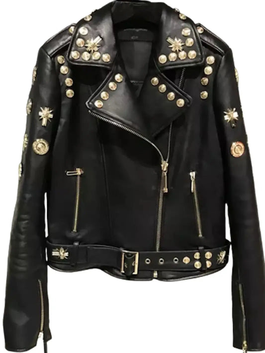 Luxe & Leather by Madanna Leather Gold Studded Moto Black Jacket