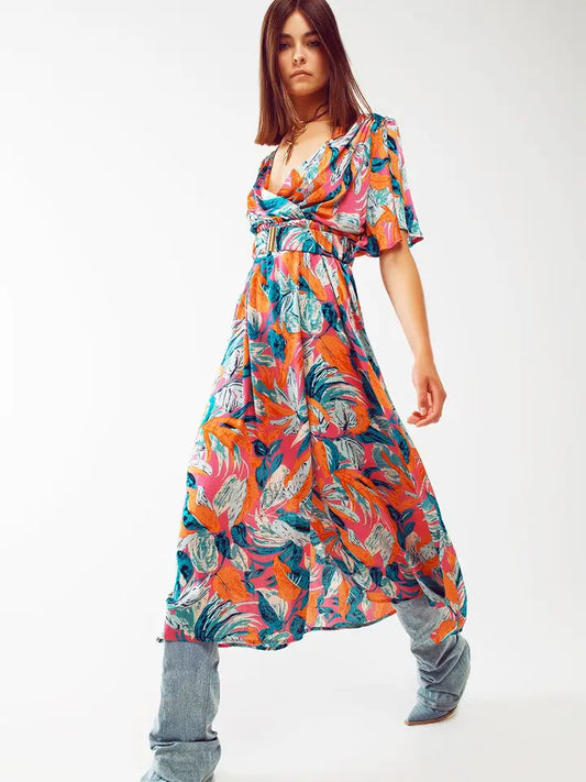 Q2 Wrap Maxi Belted Dress with Floral Print in Orange