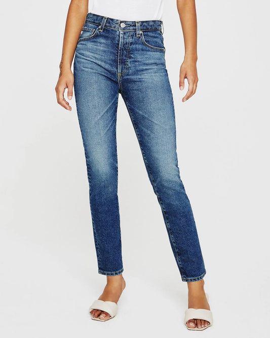 Front picture of a model using the AG Jeans Alexxis Slim Dark Wash High Rise Vintage - CT Grace