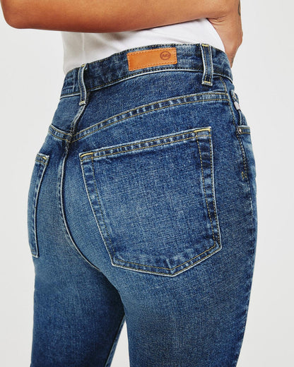 Back zoom picture of a model using the AG Jeans Alexxis Slim Dark Wash High Rise Vintage - CT Grace