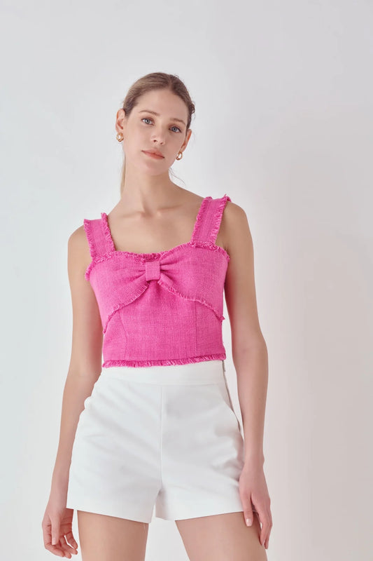 Picture of a blonde model using the Endless Rose Tweed Bow Tie Top Pink - CT Grace