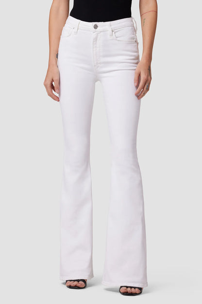 picture of a model wearing the Hudson Holly High Rise Flare Flap - White - CT Grace