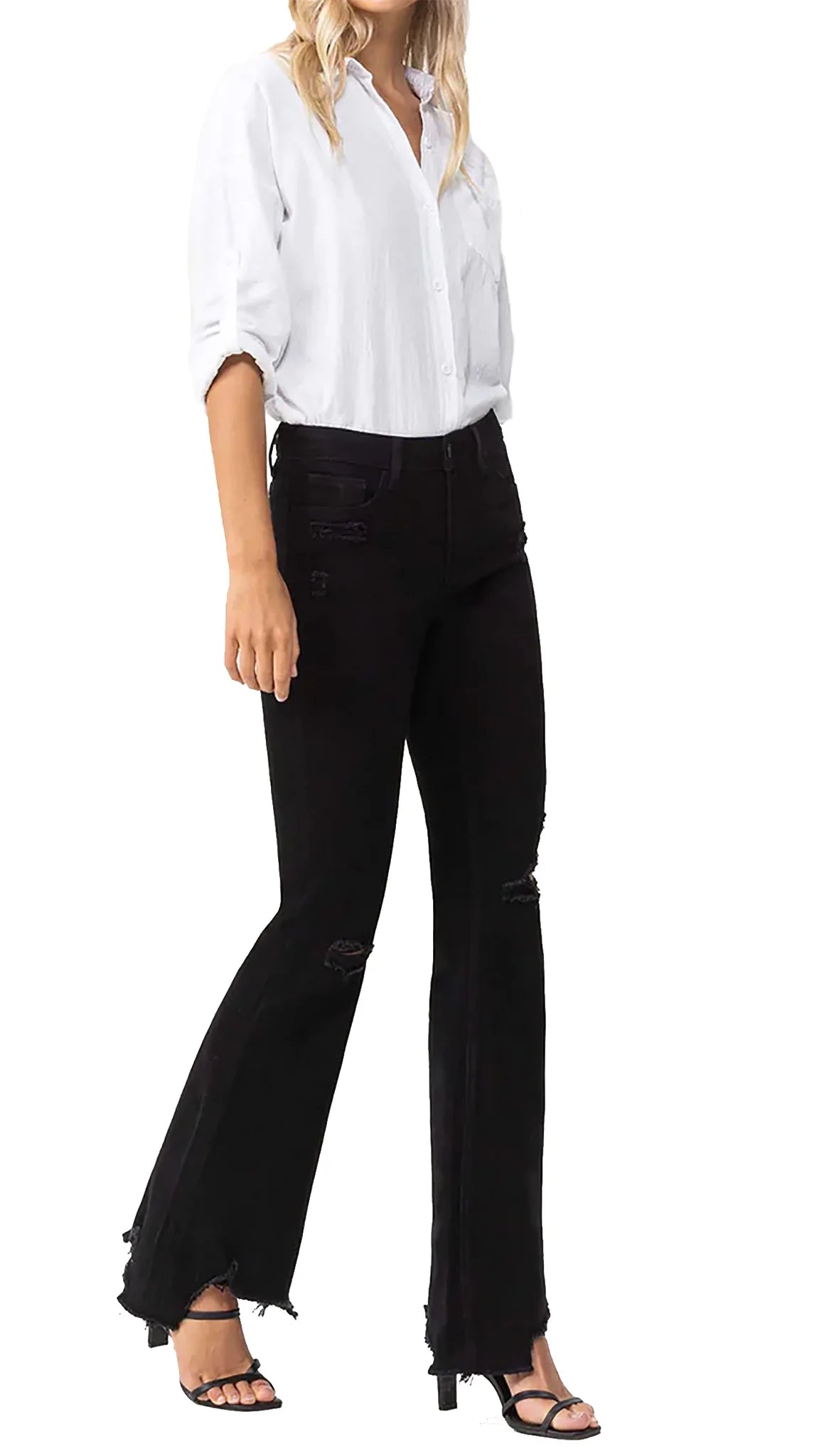 Side Picture of the Flying Monkey Mid-Rise Jet Black Flare With Hem Detail - CT Grace