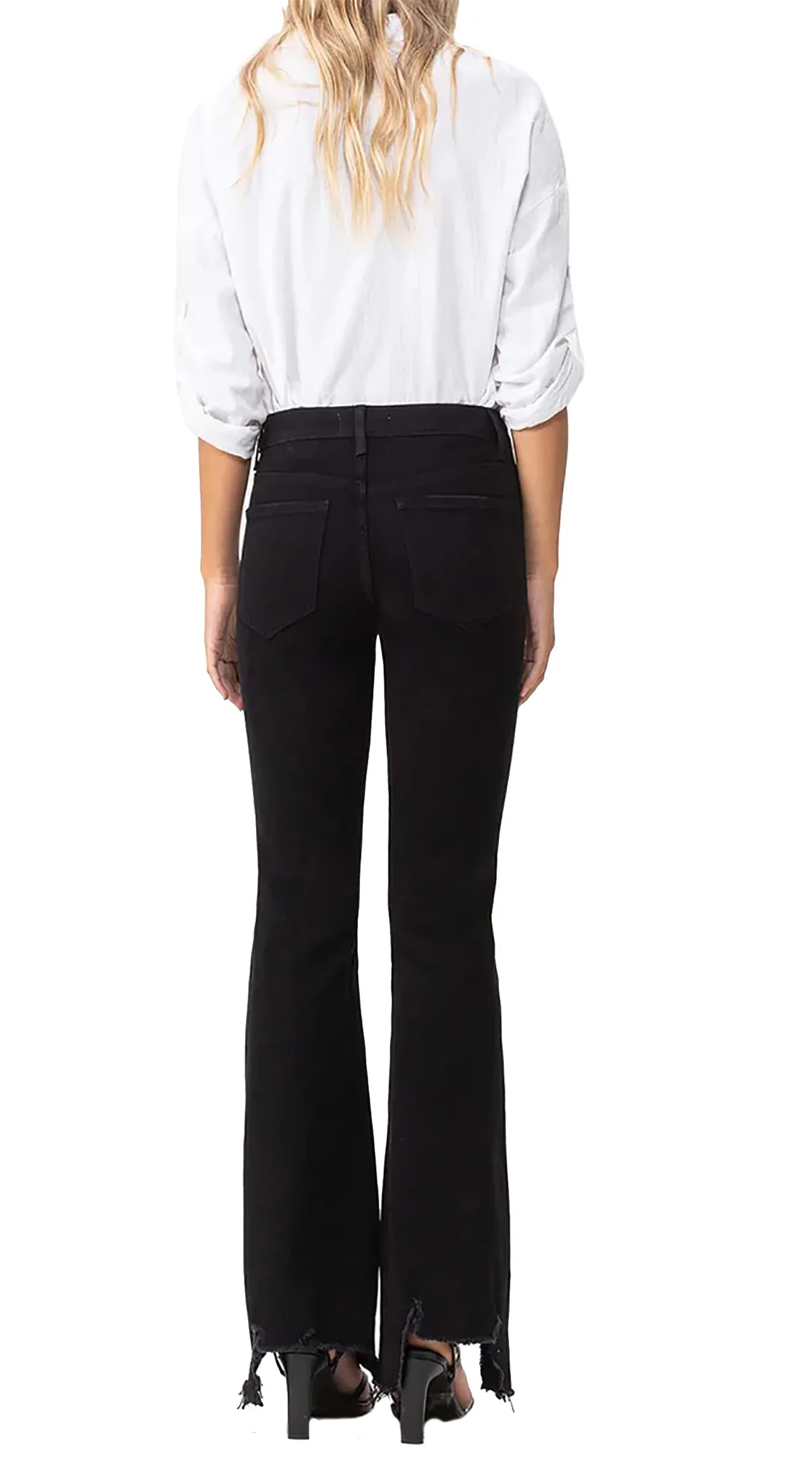Back Picture of the Flying Monkey Mid-Rise Jet Black Flare With Hem Detail - CT Grace
