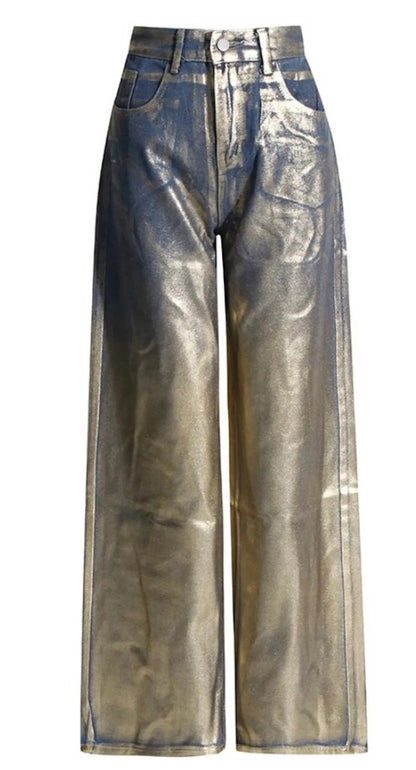 Luxe & Leather by Madonna & Co Gold Foil Denim Wide Legged Jeans