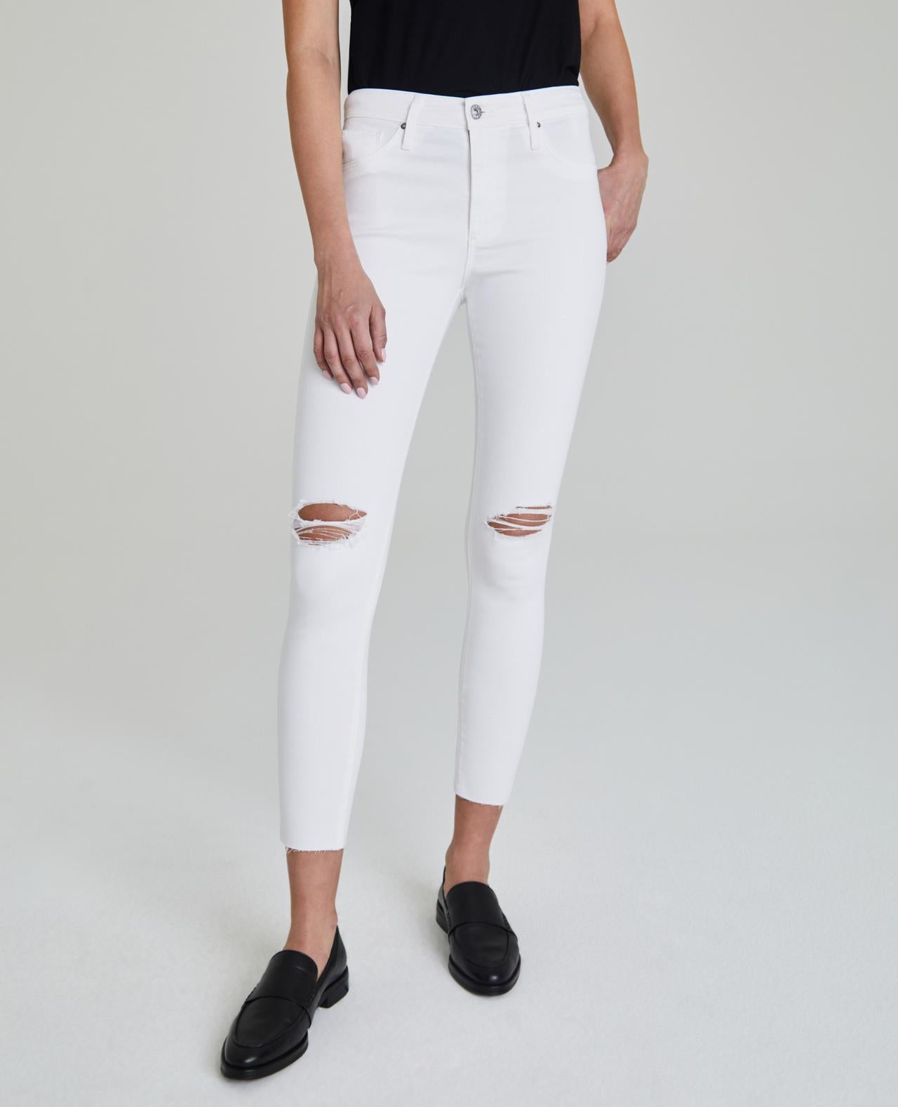 Front picture of a model wearing the AG White the Farrah Skinny ankle - CT Grace