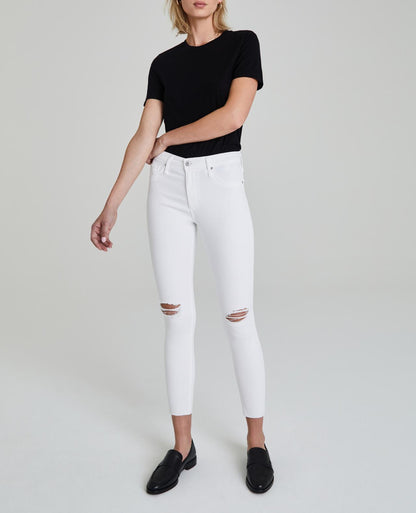 Front zoom picture of a model wearing the AG White the Farrah Skinny ankle - CT Grace