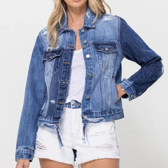 Front picture of a model using the Velvet/Flying Monkey Distressed Fit Crop Jacket - CT Grace