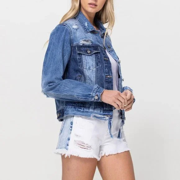 Side picture of a model using the Velvet/Flying Monkey Distressed Fit Crop Jacket - CT Grace