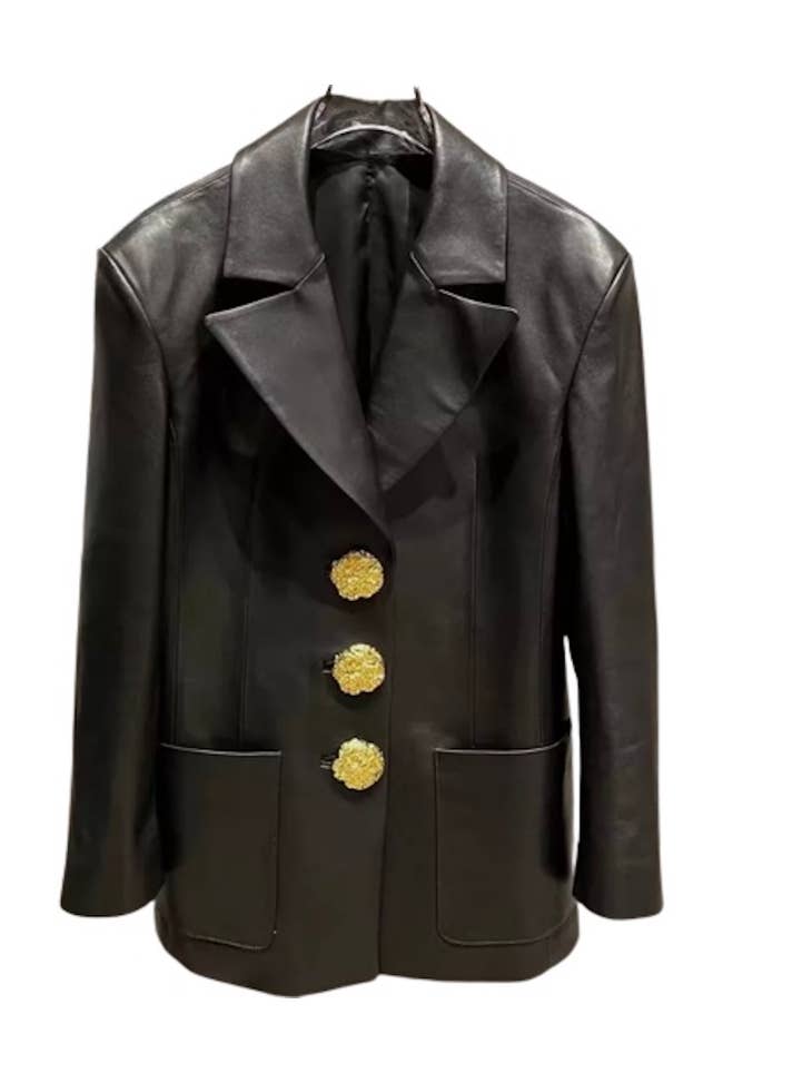 Luxe & Leather Black Leather Blazer with Gold Buttons