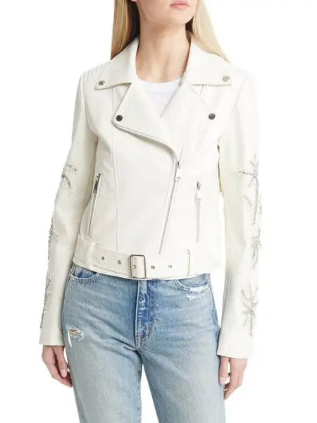 Azalea Wang Faux Leather White Moto Jacket with Silver Hardware