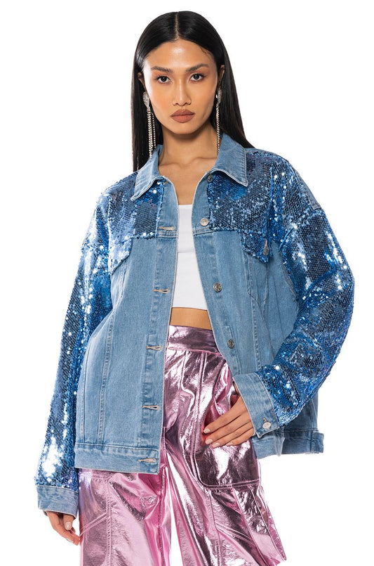 Front picture of a model wearing the Azalea Wang Bring It Sequin Denim Jacket - CT Grace