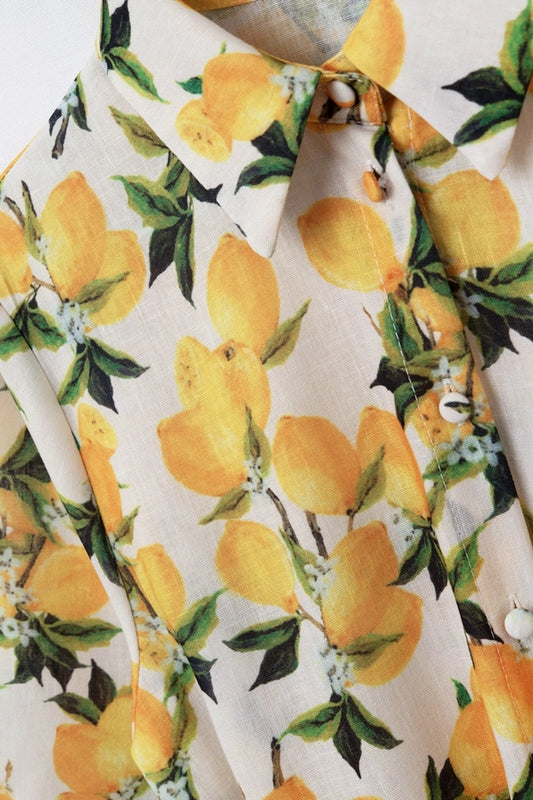 Q2 Romantic Dress with Waistband and Lemon Print and Short Sleeves