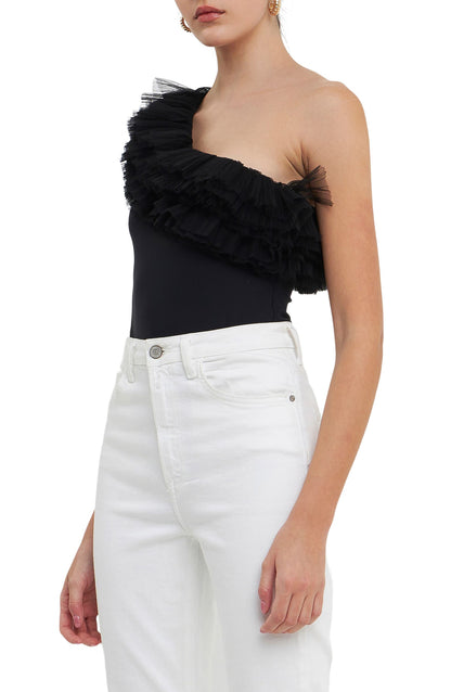 Zoom picture of a model using the Endless Ross Tulle Ruffle One-Shoulder Bodysuit - CT Grace