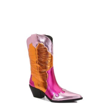 Stacked Mid Heel Cow Boy Mid Shaft Boot with Side Pull Tab A