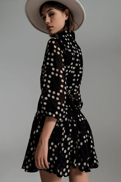 Q2 Fit and Frill Polka Dot Mini Dress with Voluminous Sleeves in Black