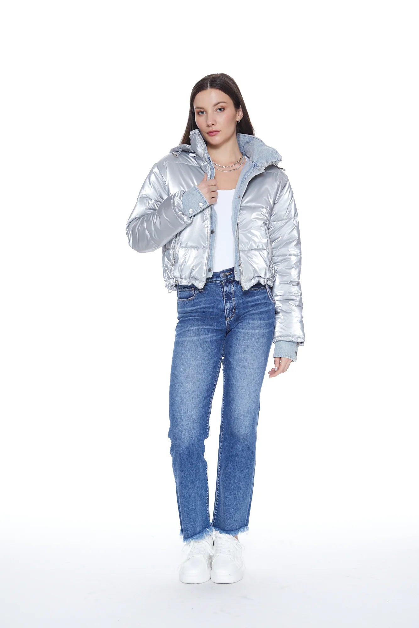 Front picture of a model wearing the Blue Revival In the Mix Sliver Denim Puffer - CT Grace