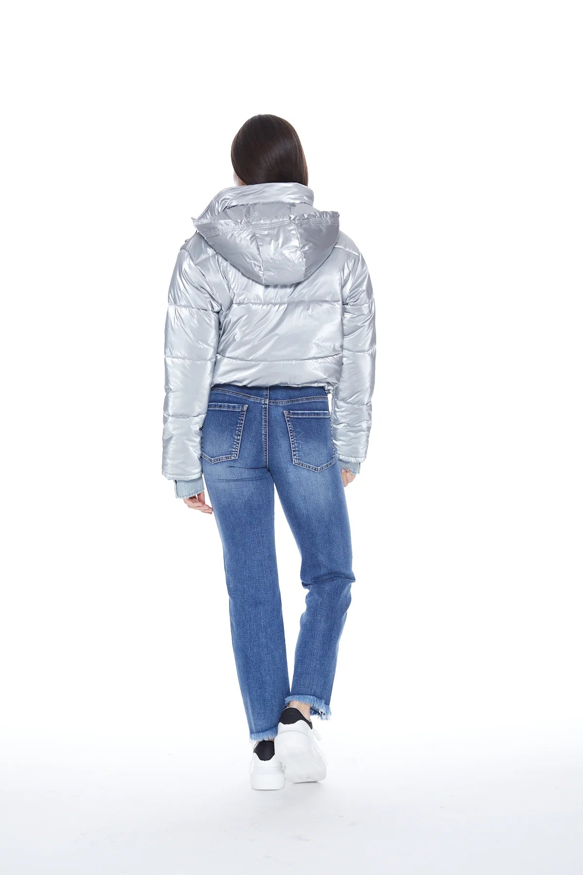 Back picture of a model wearing the Blue Revival In the Mix Sliver Denim Puffer - CT Grace