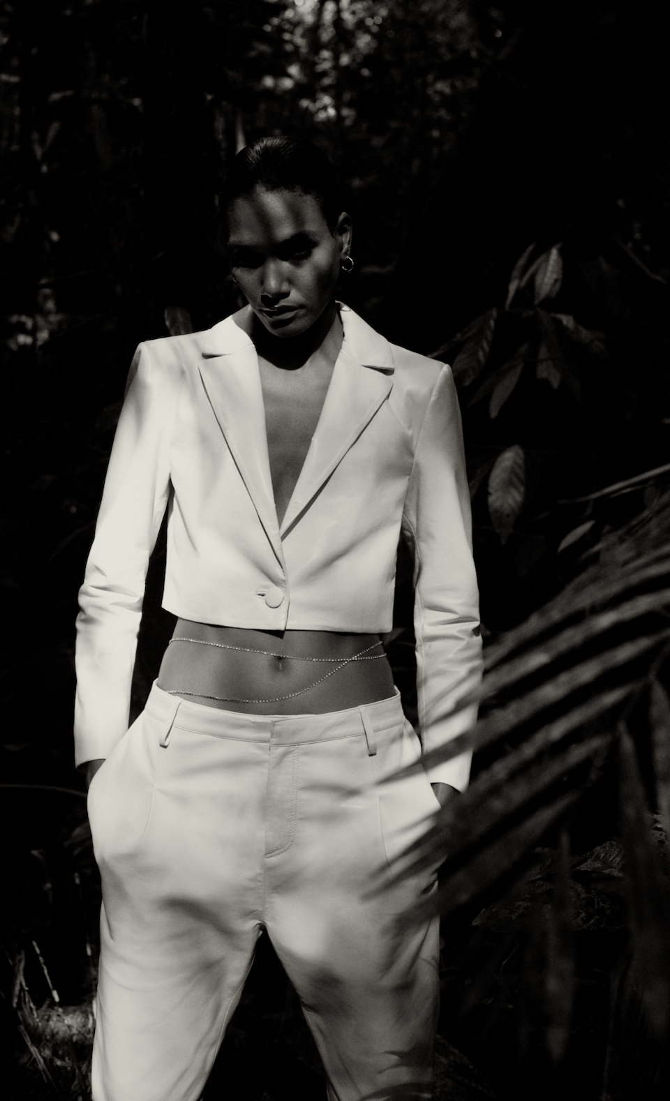 Black and White Picture of a model wearing the ASbyDF Sabi Recycled Leather Blazer Buttercream - CT Grace