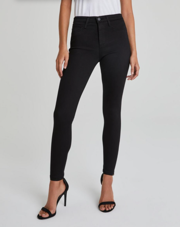 Zoom picture of a model wearing AG Black Farrah Seamless Ankle Jeans - Super Black - CT Grace