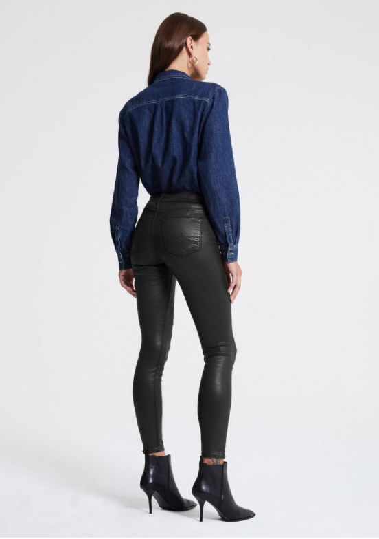 Back Picture of a model wearing the AG Farrah Coated Ankle Skinny Jeans - Luminous gunmetal - CT Grace