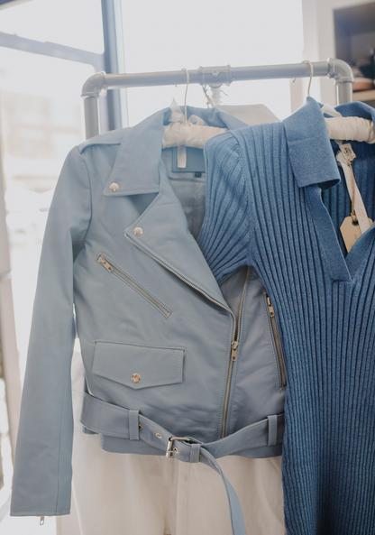 Luxe & Leather Moto Jacket in Blue